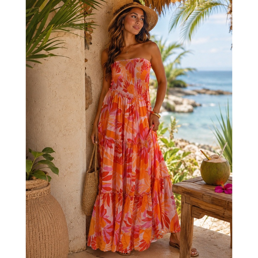 Abel The Label Womens Strapless Maxi Dress Small Pink Orange Floral Smocked